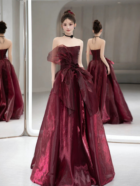 Wine Red Strapless A-line Floor Length Party Dress, Wine Red Long Formal Dress